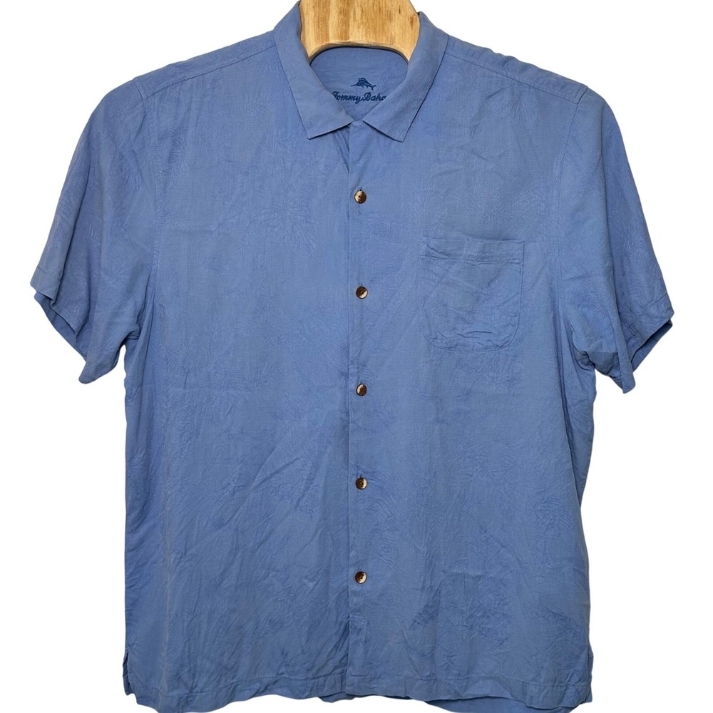 Tommy Bahama Mens XL Silk Short Sleeve Button Down Shirt Blue Tropical Jacquard